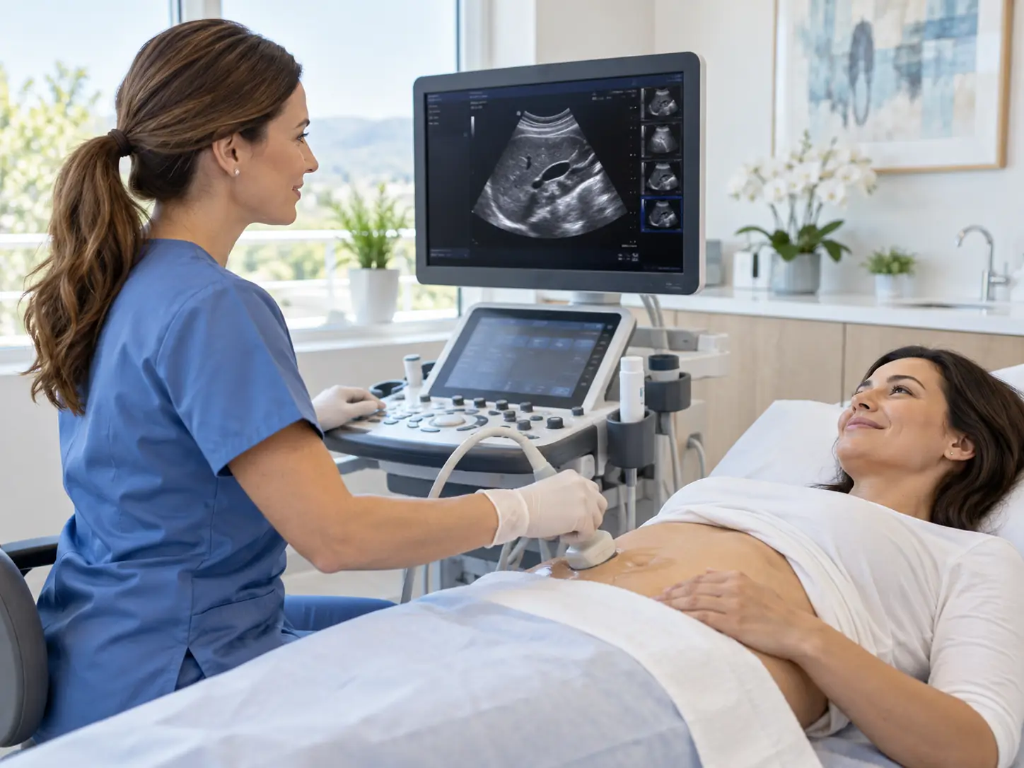 Sonographer performing an abdominal ultrasound while the patient rests comfortably on the exam table