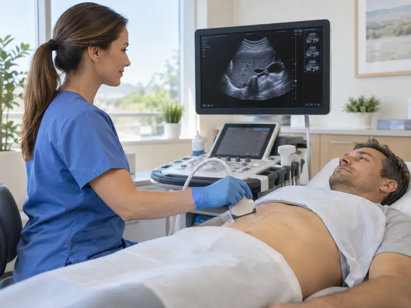 Abdominal ultrasound in progress with the image shown on the monitor
