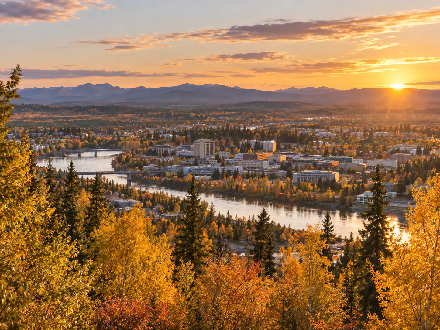 Autumn sunset over a river town surrounded by golden birch and spruce