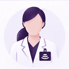 Illustration of a sonographer in a lab coat wearing an ID badge