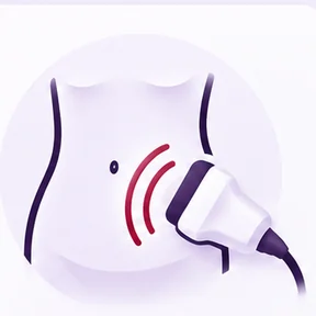 Illustration of an ultrasound transducer scanning an abdomen