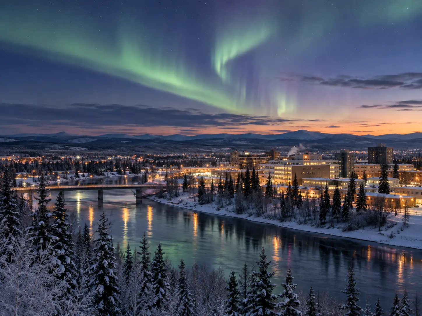 Northern lights over a snowy riverside town in Interior Alaska