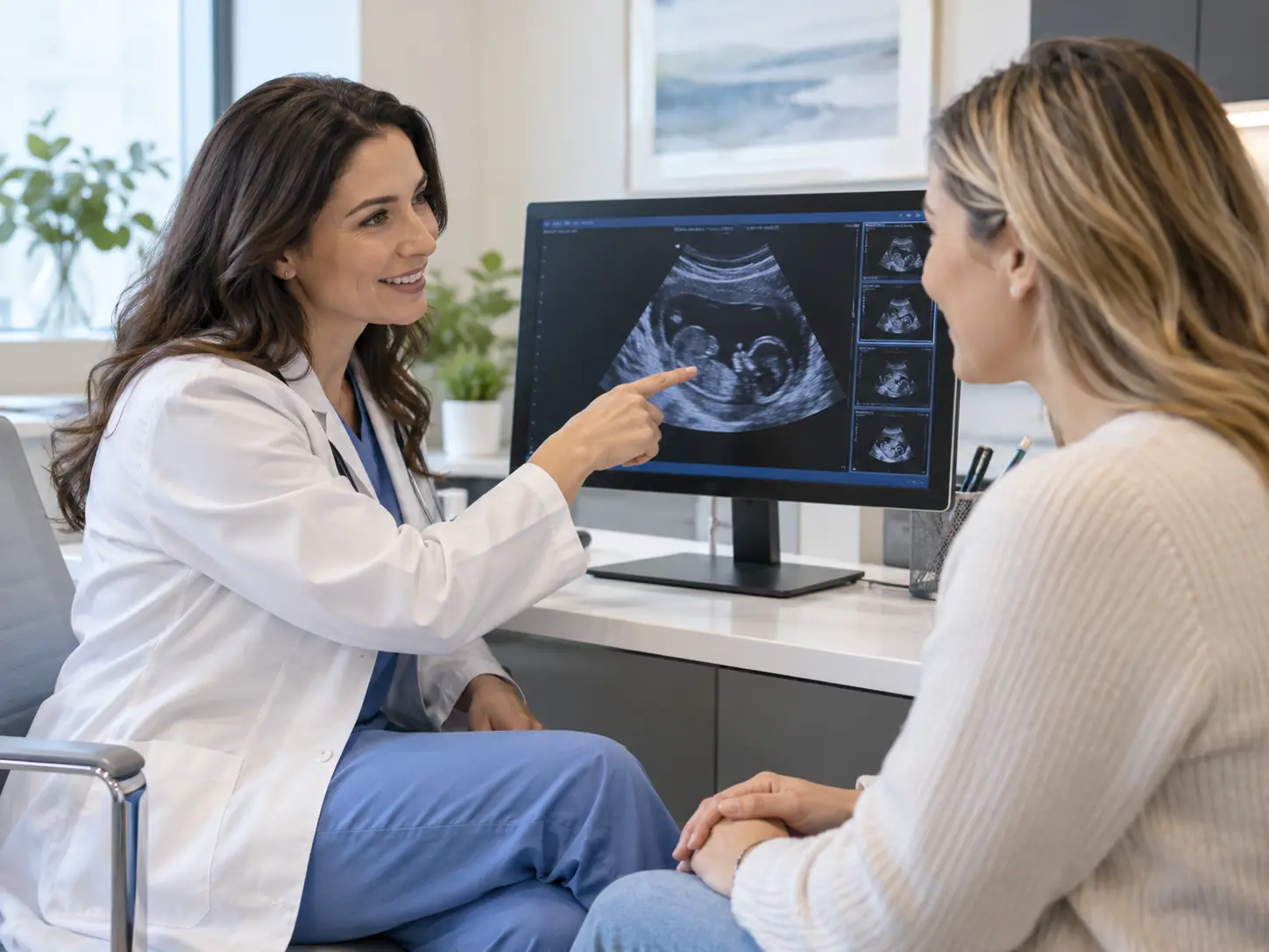 Clinician showing an expectant mother her baby on the ultrasound monitor