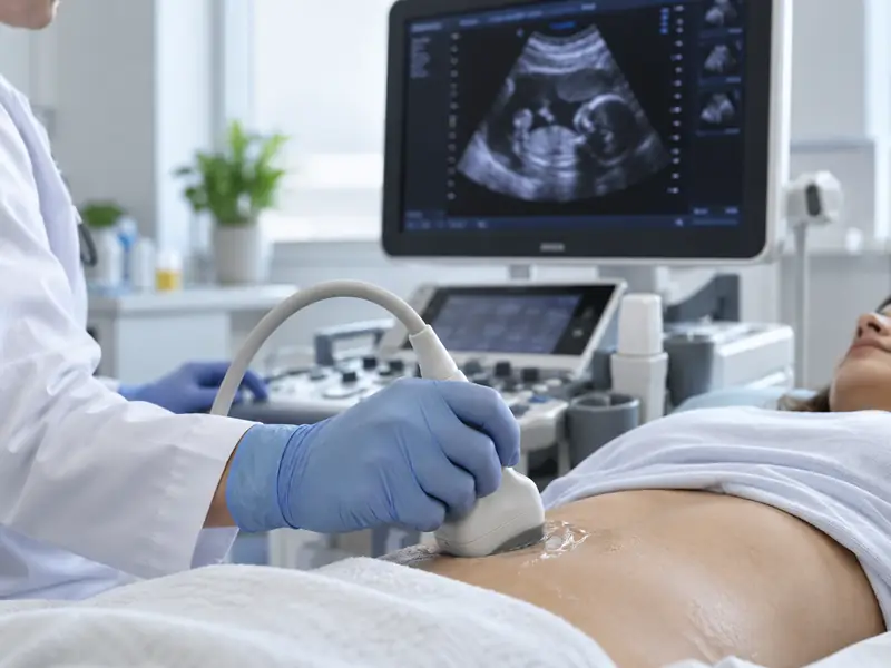 Close-up of a pregnancy ultrasound with the baby in profile on the monitor
