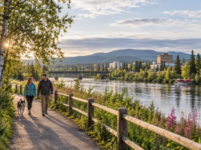Couple walking a dog along a riverside path on a summer evening