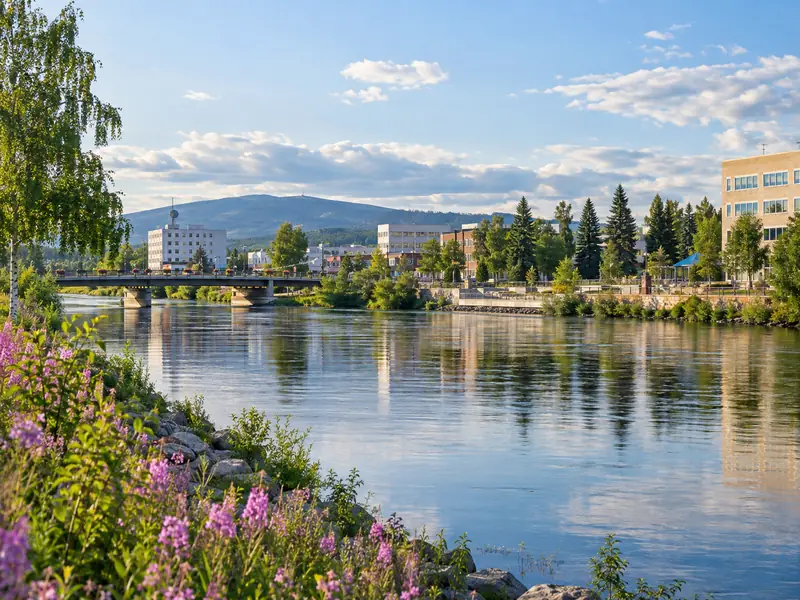 Summer view across a calm river toward a small Alaskan town