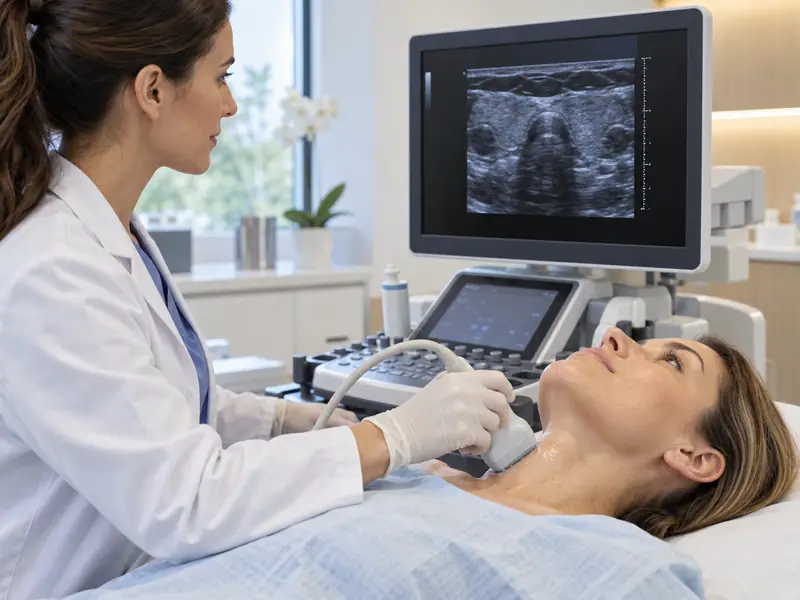 Thyroid ultrasound exam with the transducer placed on the front of the neck