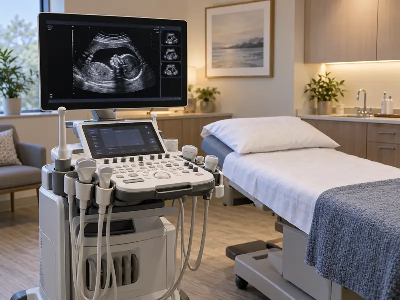 Ultrasound exam room with the machine beside a freshly made exam table