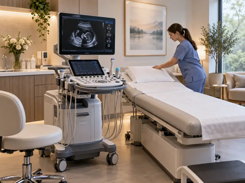 Staff member preparing a clean exam table in an ultrasound room