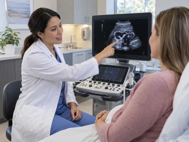 Clinician pointing out details on an ultrasound image while talking with a patient