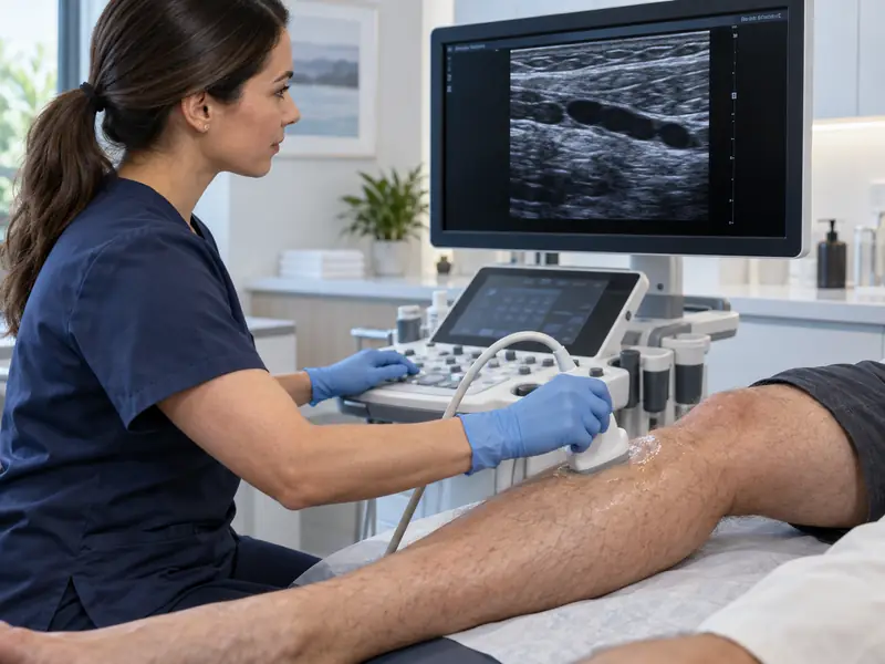 Sonographer performing a Doppler ultrasound of the leg to check blood flow