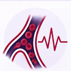 Illustration of blood cells moving through a vessel beside a pulse trace