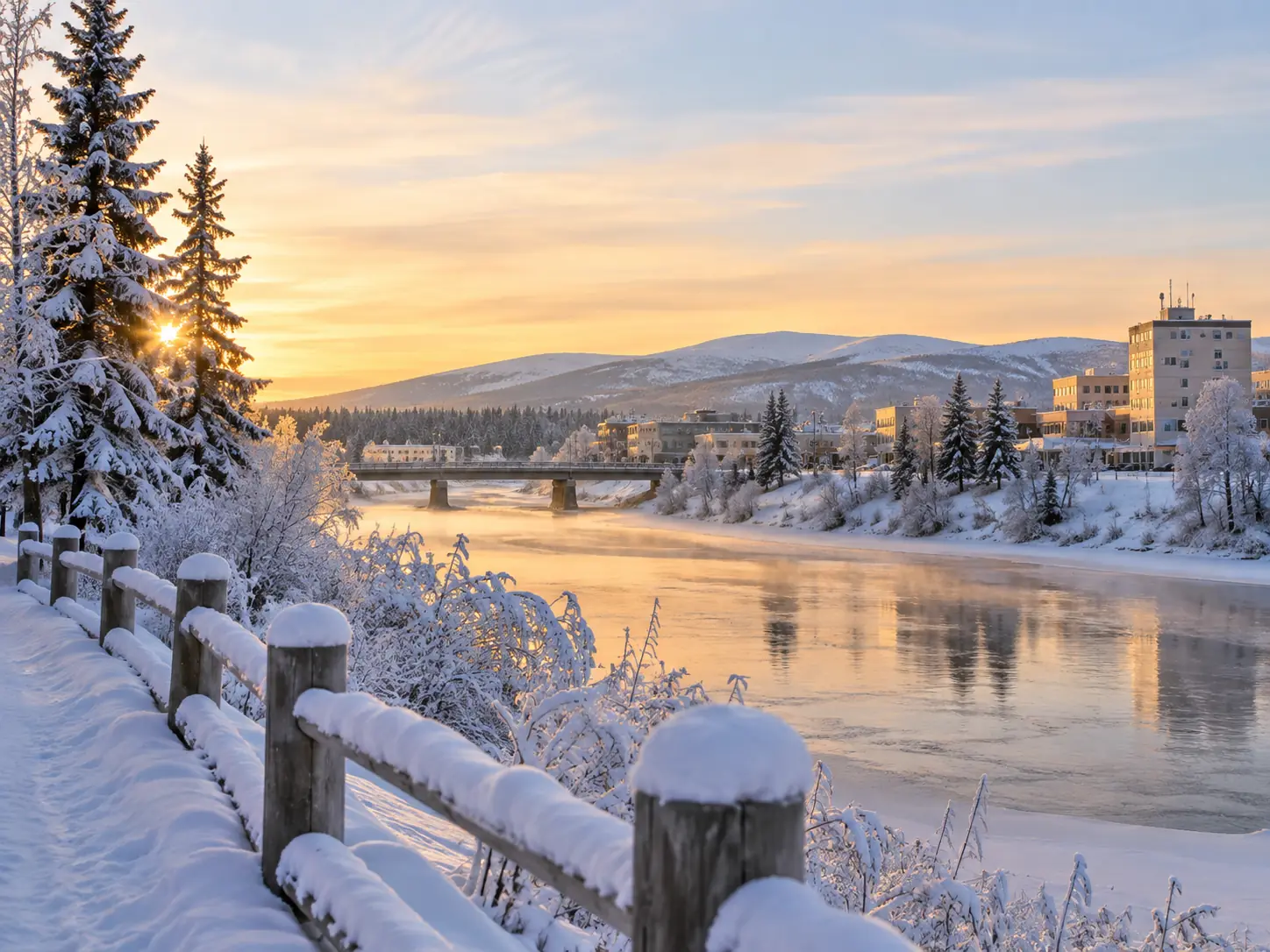 Low winter sun over a frozen river and a snow-covered fence